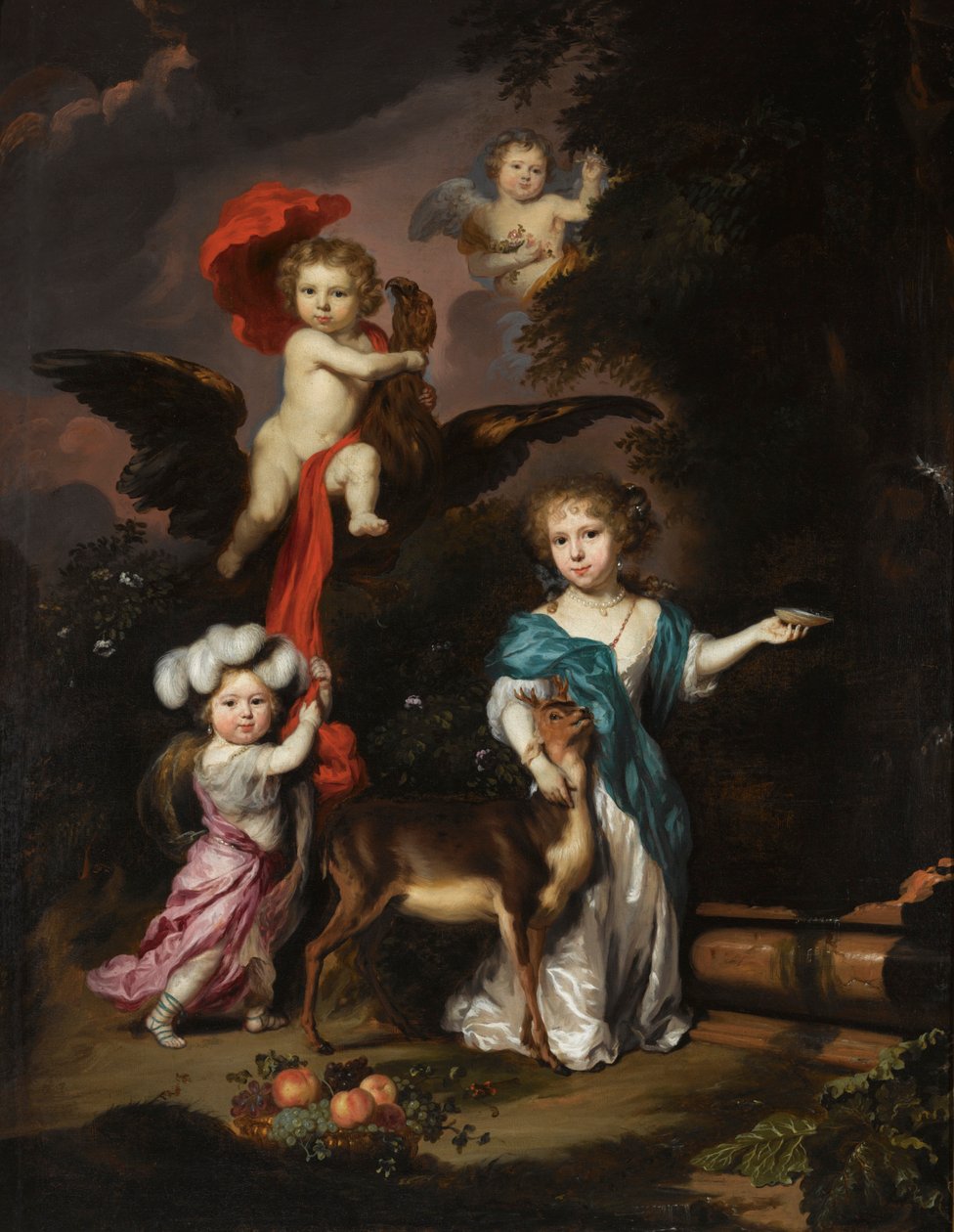 Portræt af fire børn som Ceres, Ganymedes, en kerub og Diana af Nicolaes Maes