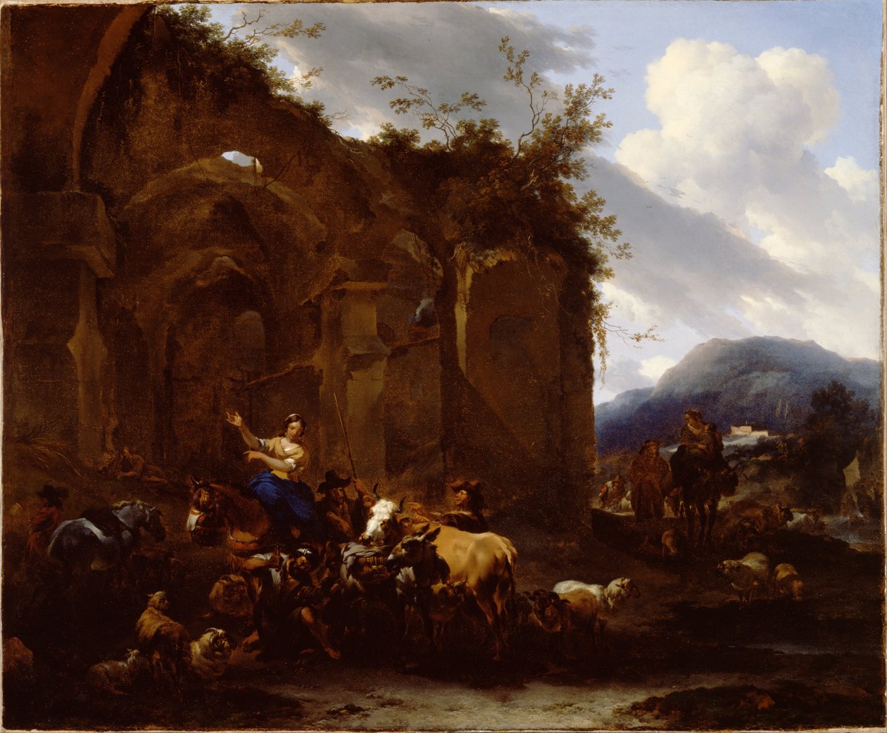 Landmand og bønder i nærheden af romerske ruiner af Nicolaes Pietersz. Berchem