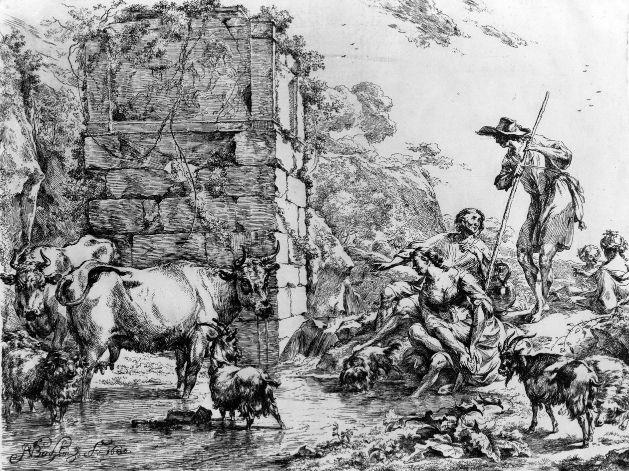 Køer og geder drikker ved en dam af Nicolaes Pietersz. Berchem