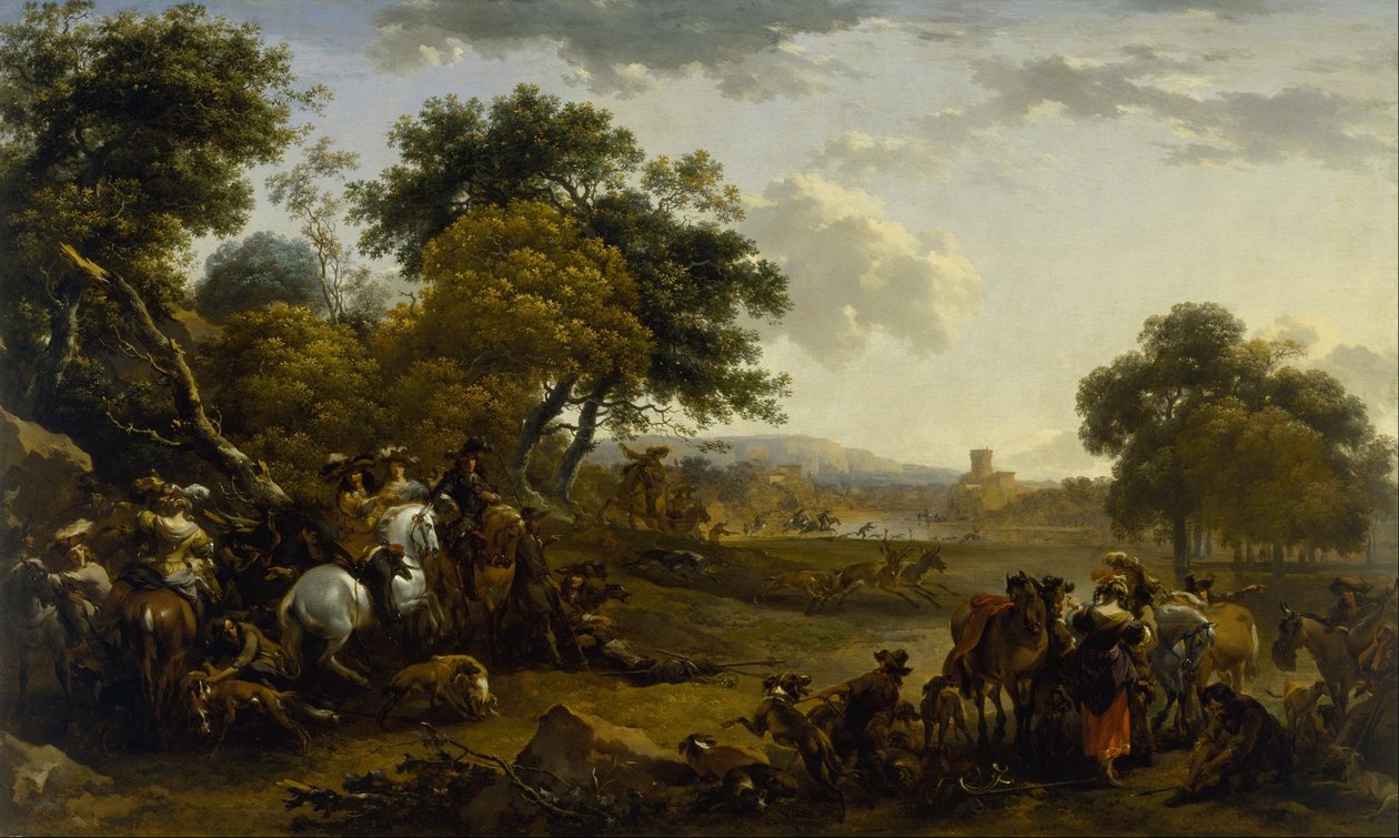 Landskab med en jagtfest af Nicolaes Pietersz. Berchem