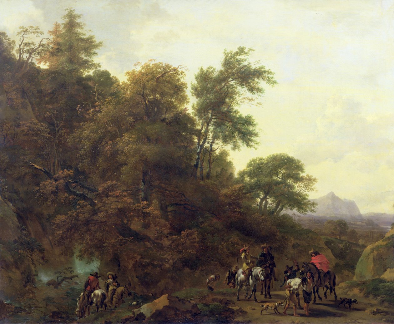 Skovklædt landskab med soldater, der eskorterer fanger, 1656 af Nicolaes Pietersz. Berchem