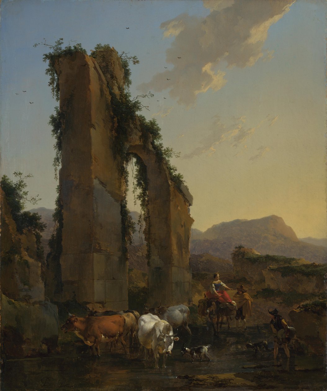 Bønder med Kvæg ved et ødelagt Akvedukt. af Nicolaes Pietersz. Berchem