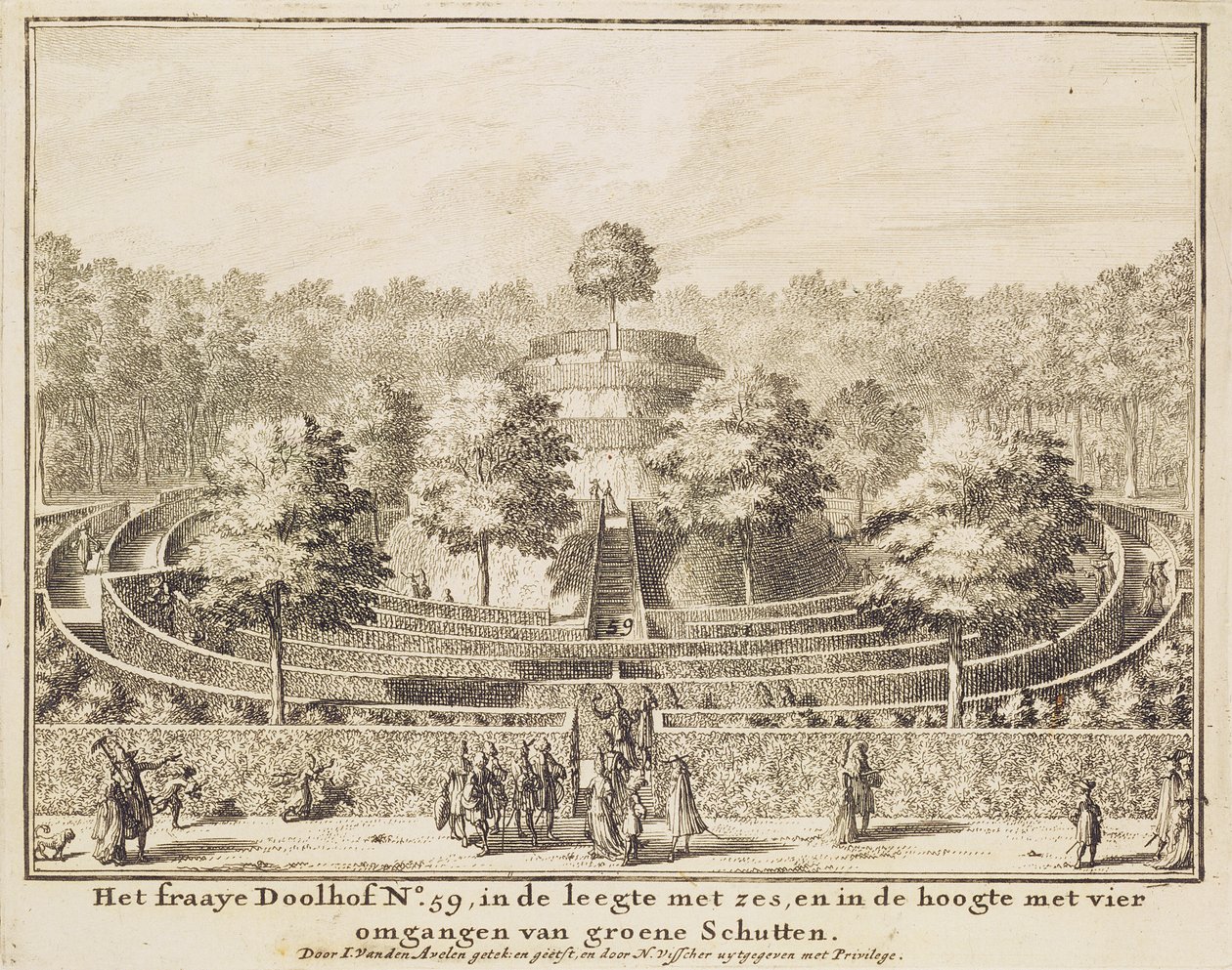 Topiær labyrint med fire udgange og en central høj, indgraveret af Johannes Van den Aveele (d.1727) af Nicolaes Jansz Visscher