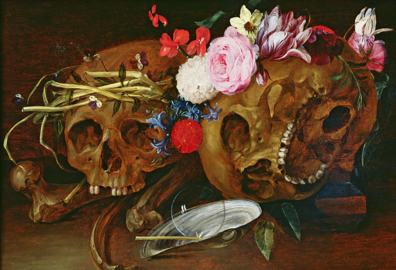 Vanitas stilleben med kranier, blomster, en perlemuslingeskal, en boble og sugerør af Nicolaes van Veerendael
