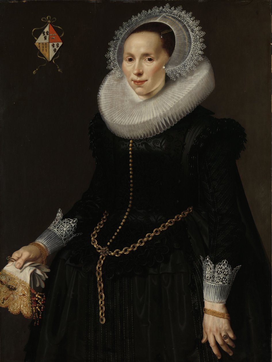 Portræt af Johanna Le Maire, kone til Pieter van Son, ca. 1622-29 (olie på panel) af Nicolaes  Eliasz
