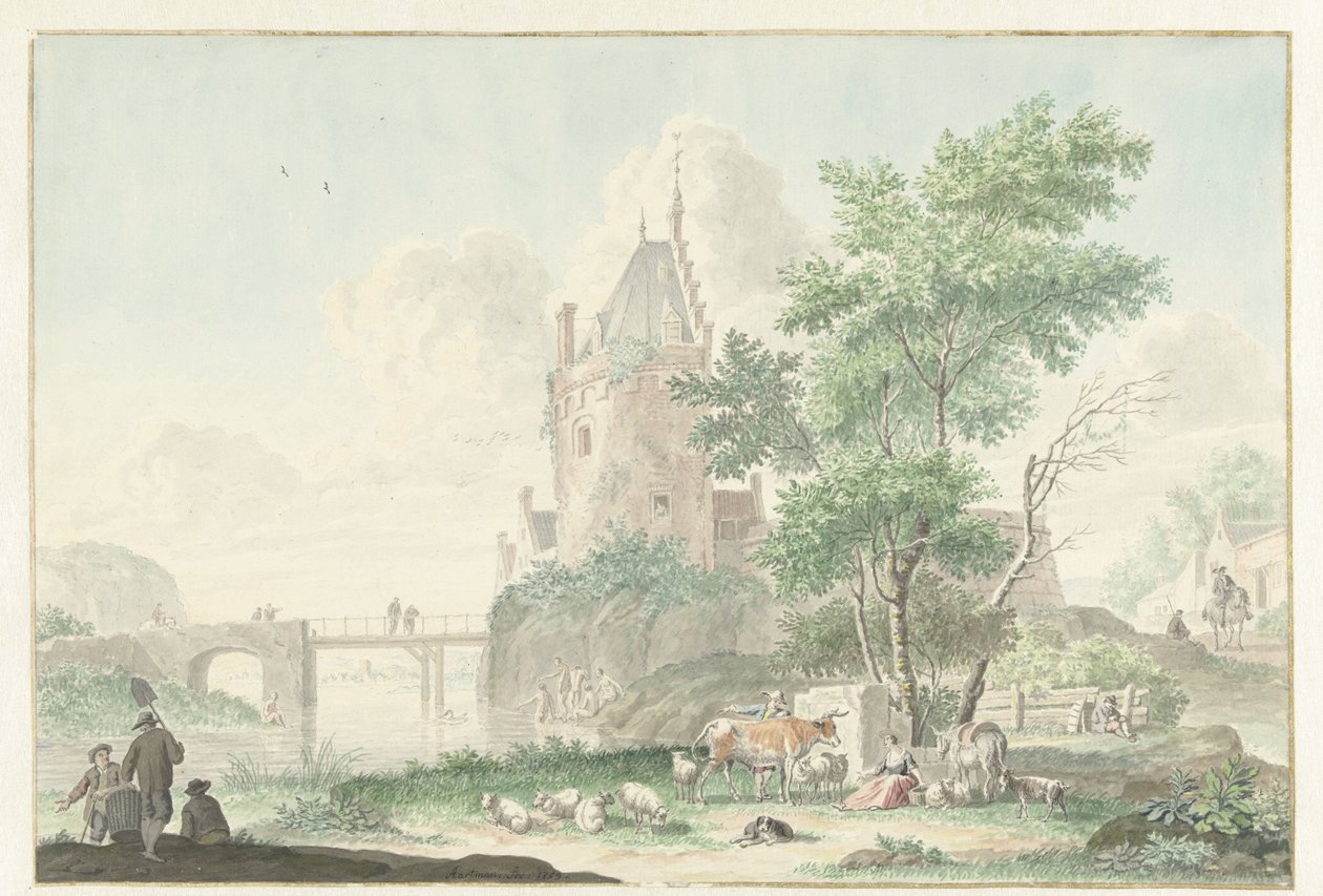 Sommerlandskab med figurer og kvæg af Nicolaes Aartman