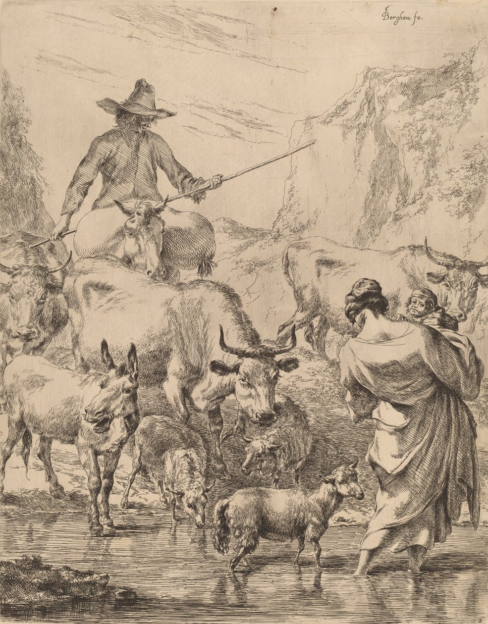 Flok krydser bækken. af Nicolaes Berchem