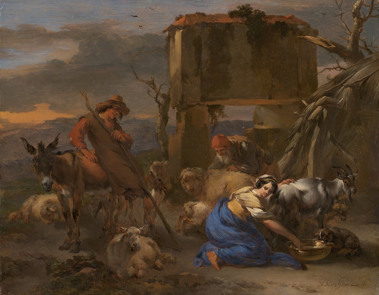 Pastoral scene med en hyrdinde, der malker en ged, 166570. af Nicolaes Berchem