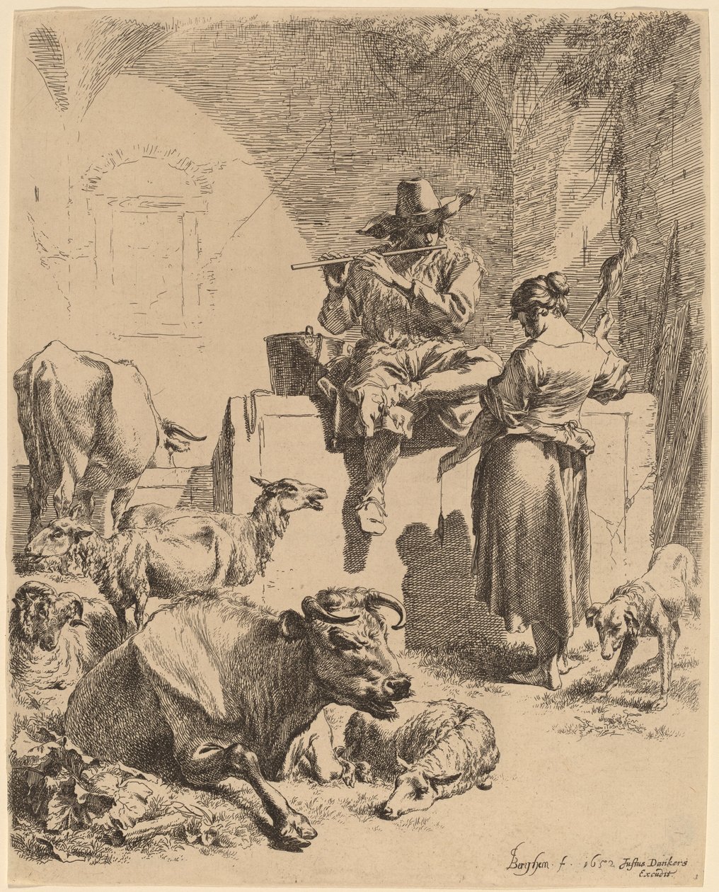 Hyrden siddende på en fontæne og spinneren, 1652. af Nicolaes Berchem