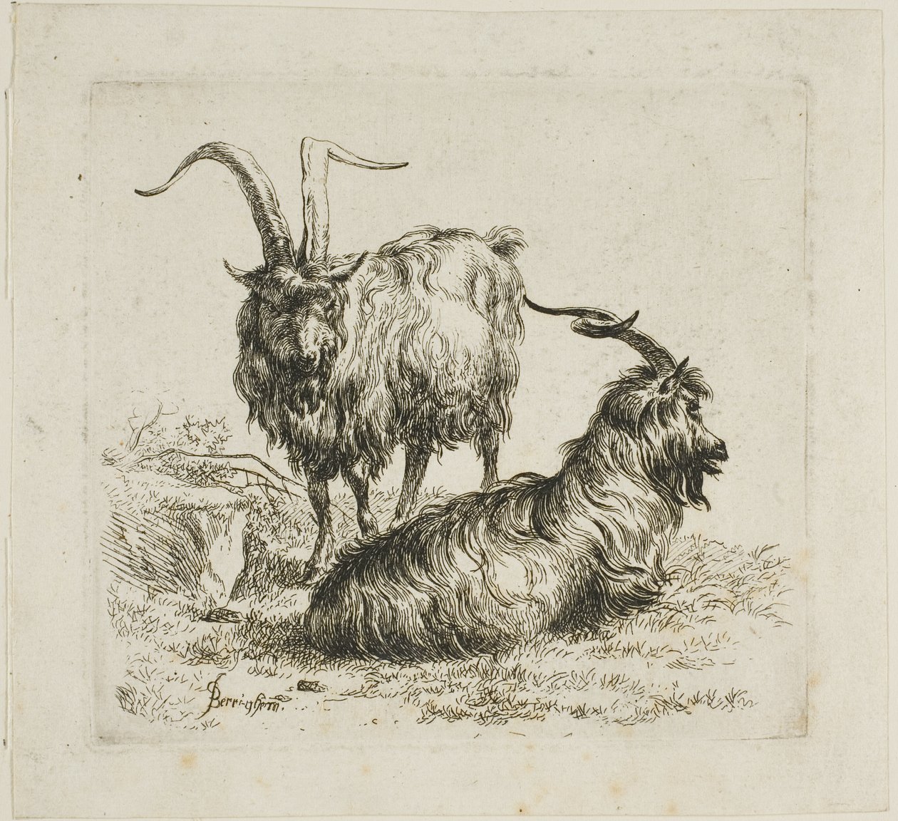 To Geder med store Horn, fra Forskellige Dyr af Nicolaes Berchem