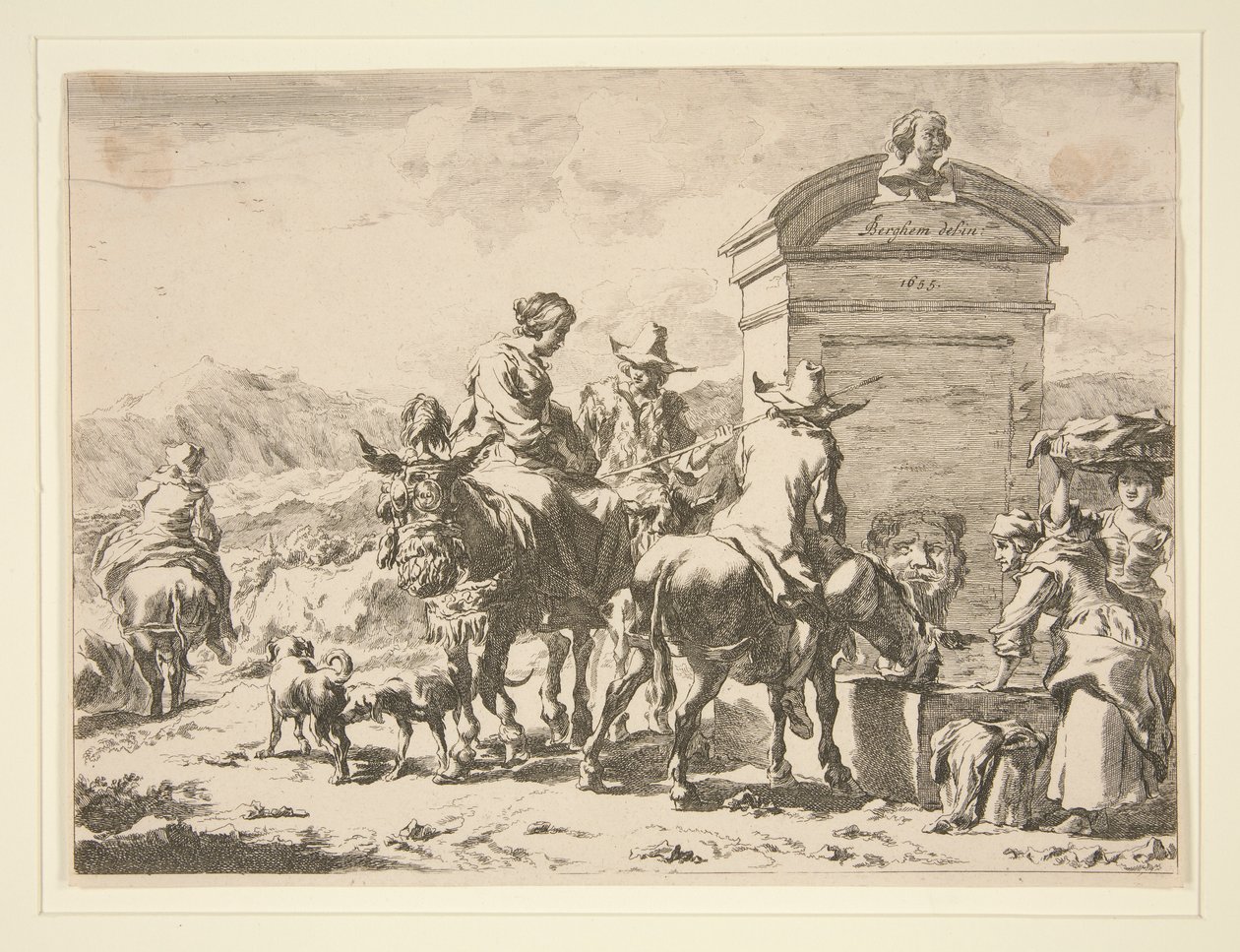 Uden titel - Genrescene med mennesker på æsler og en gravsten af Nicolaes Berchem