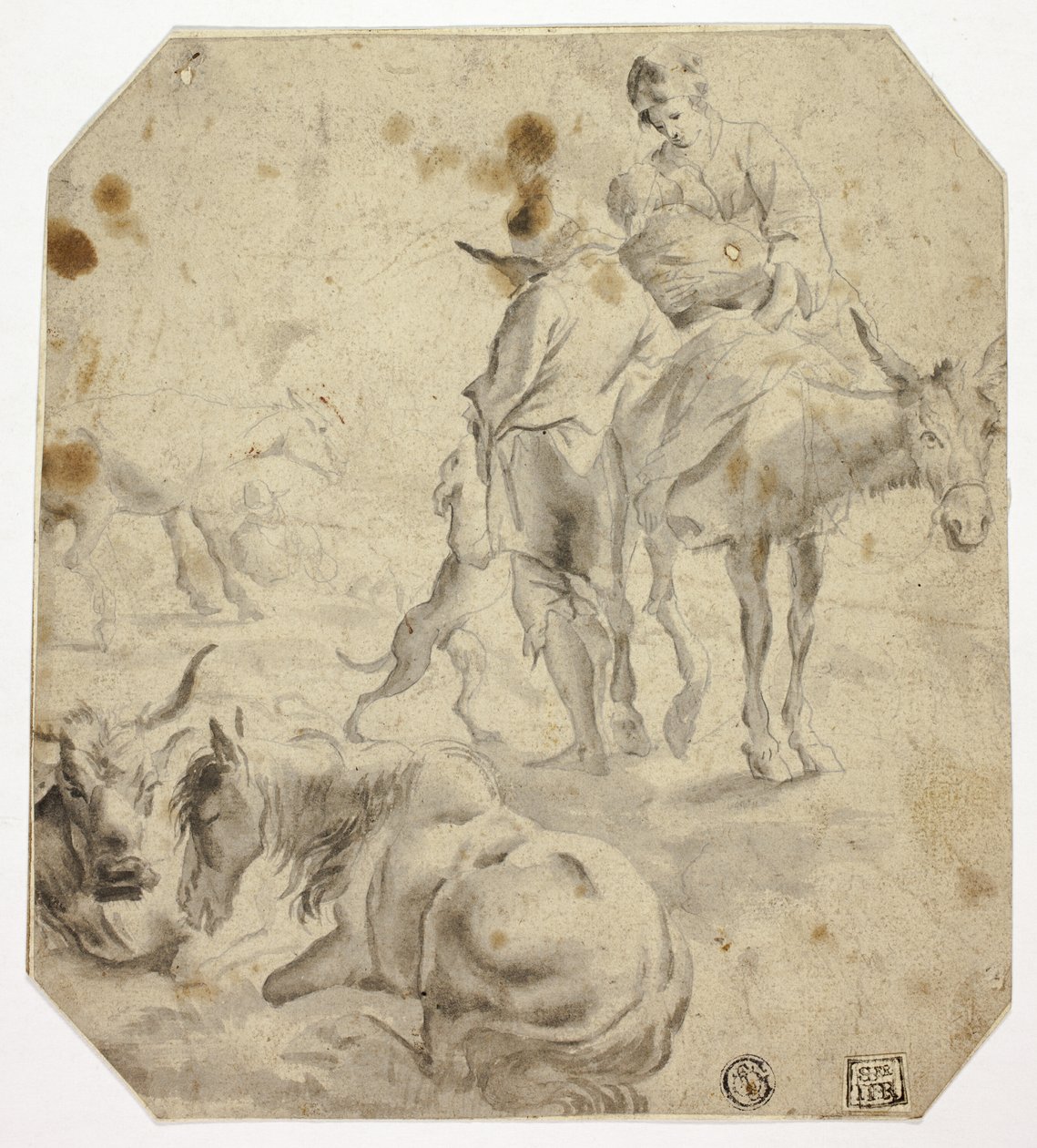 Kvinde og barn på æsel, mand, hunde, heste af Nicolaes Berchem
