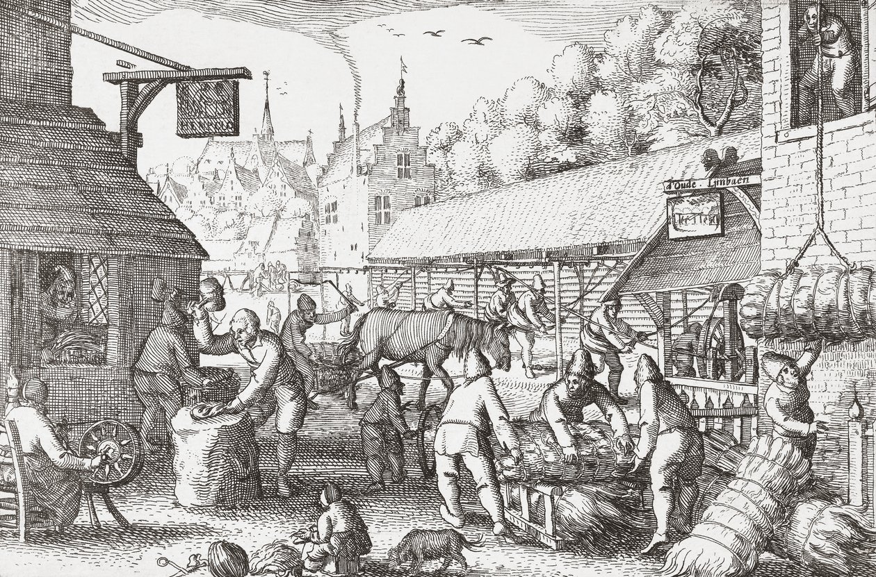 Hollandske landsbyboere fra det 17. århundrede, der laver reb af Nicolaes Jansz Visscher