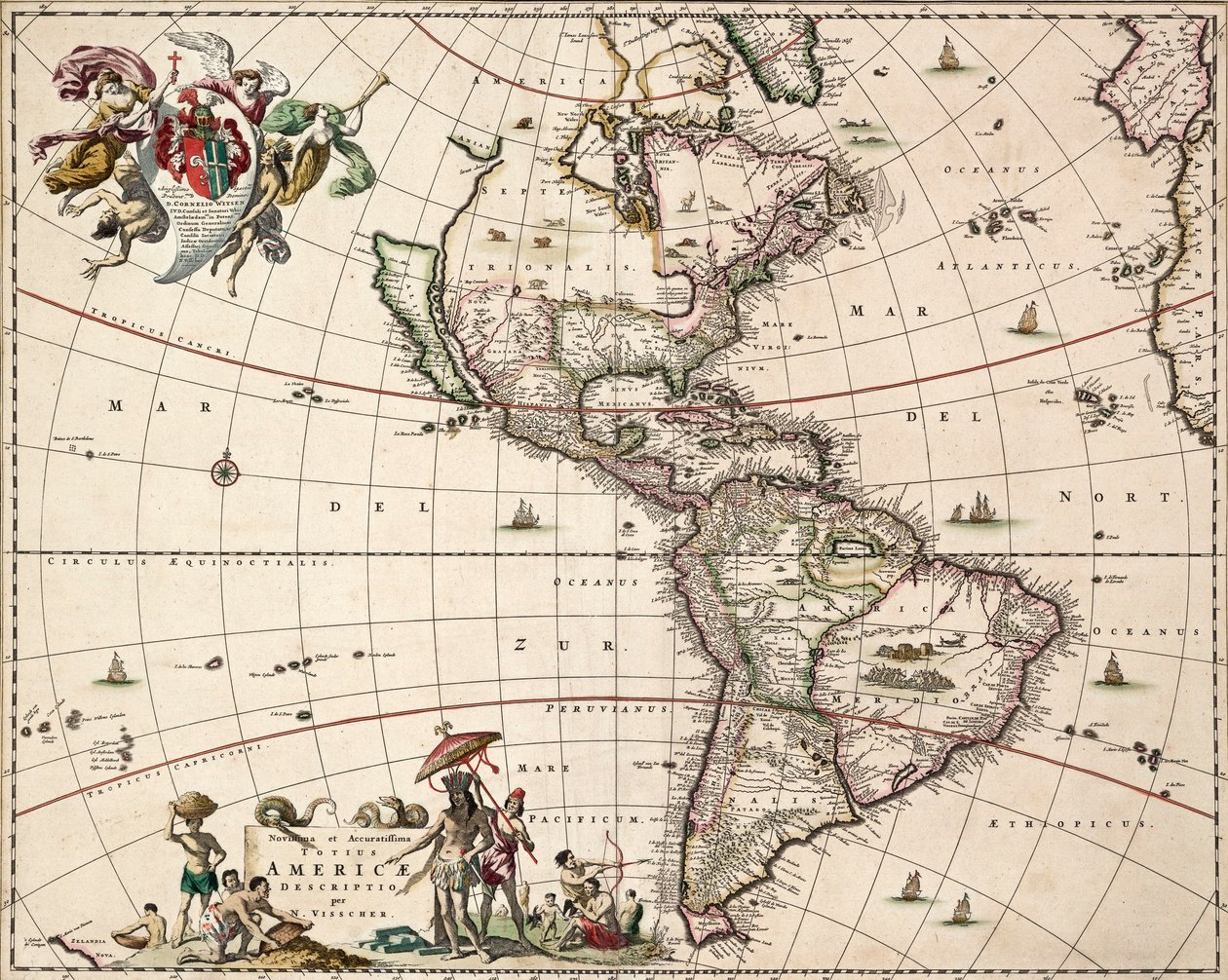 Kort over Nord- og Sydamerika, ca. 1671 (koloreret stik) af Nicolaes Jansz (1586 1652) Visscher