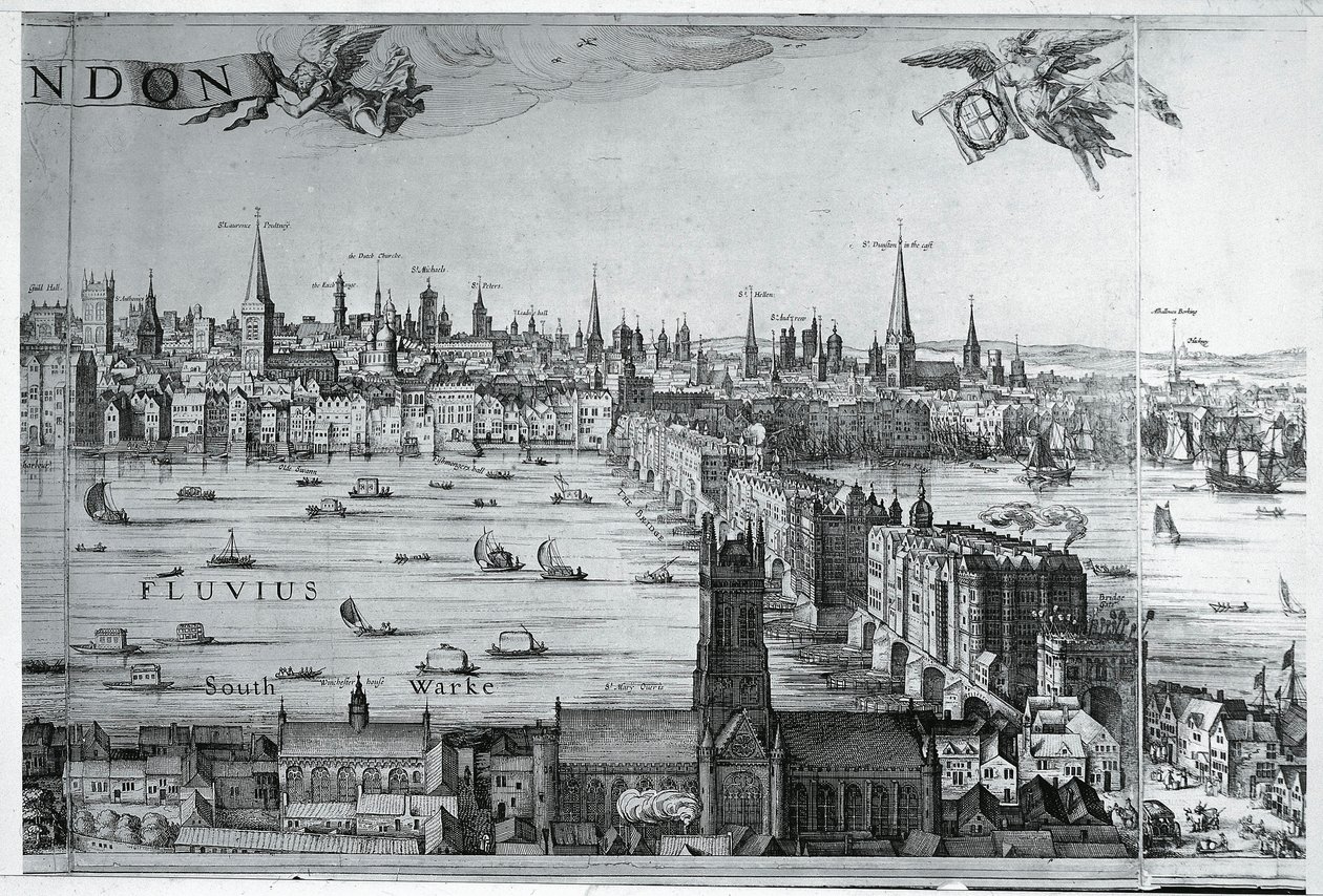 UK, England, Udsigt over London City med London Bridge af Nicolaes Jansz (1586 1652) Visscher