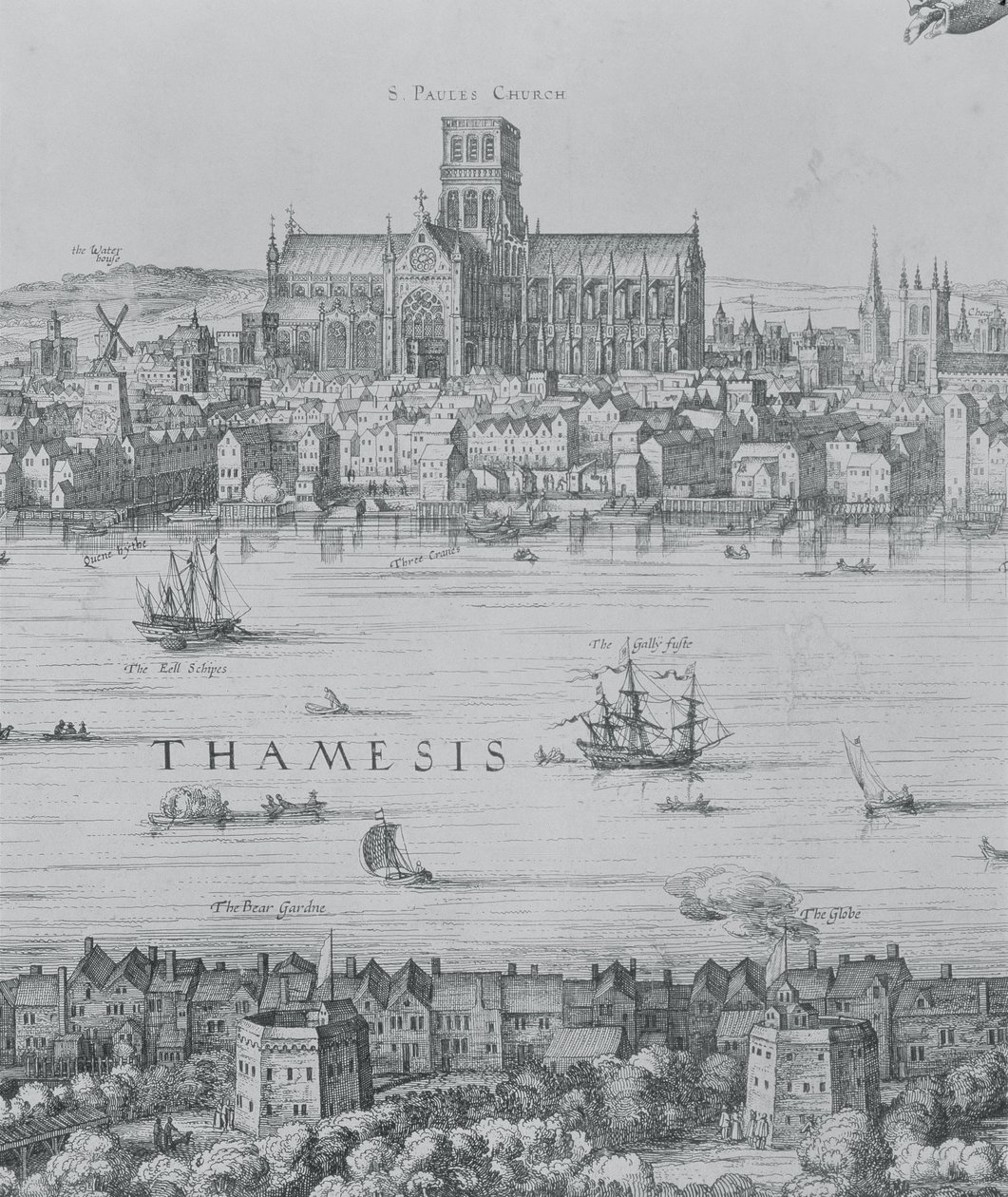 Panorama over London og Themsen, detalje fra del to, der viser St. Pauls Cathedral og Globe Theatre, ca. 1600 graveringsdetalje af 7214 af Nicolaes Jansz Visscher