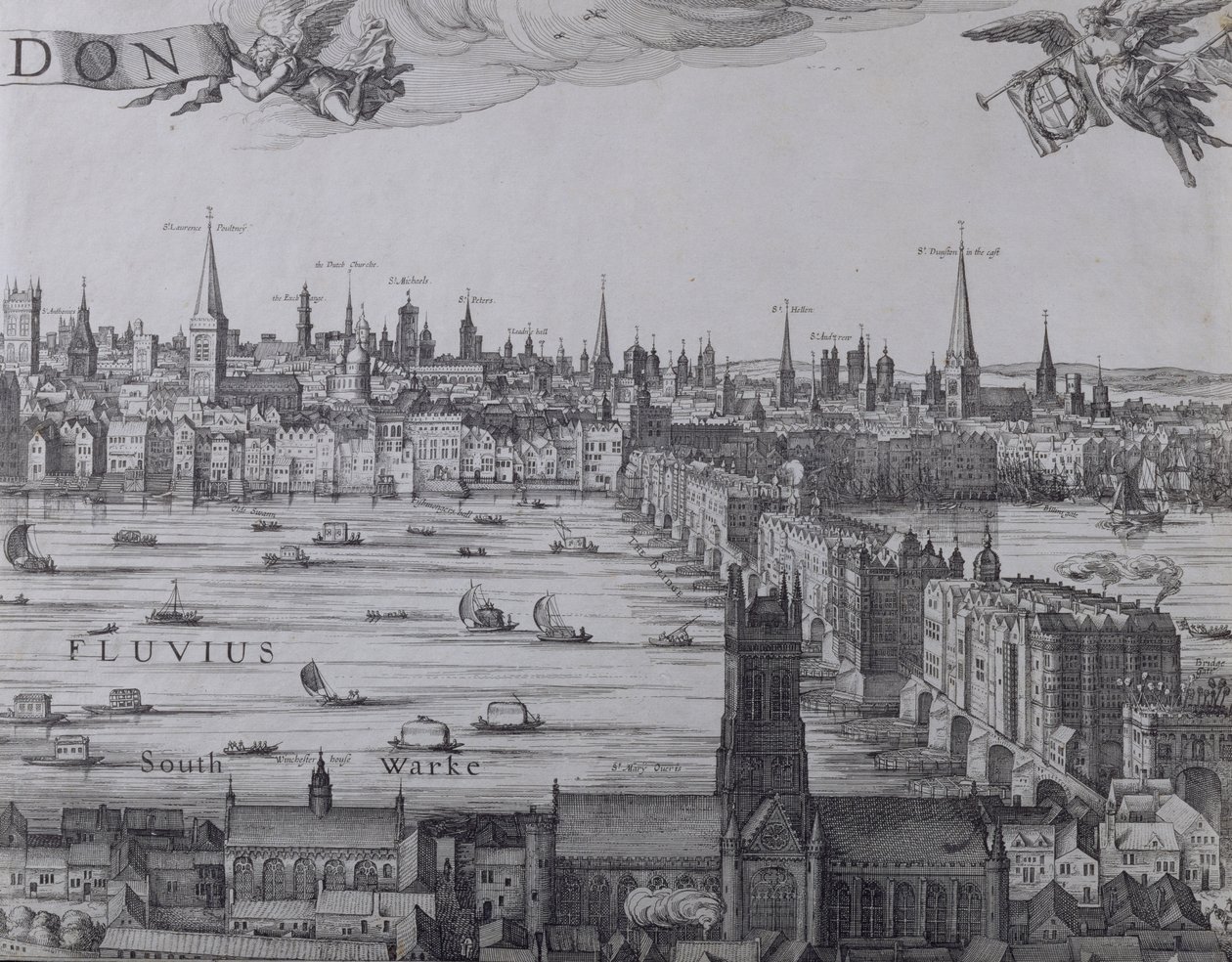 Panorama over London og Themsen, del tre viser Southwark, London Bridge og kirkerne i byen, ca. 1600 (se også 7214, 64730 og 64732) af Nicolaes Jansz Visscher