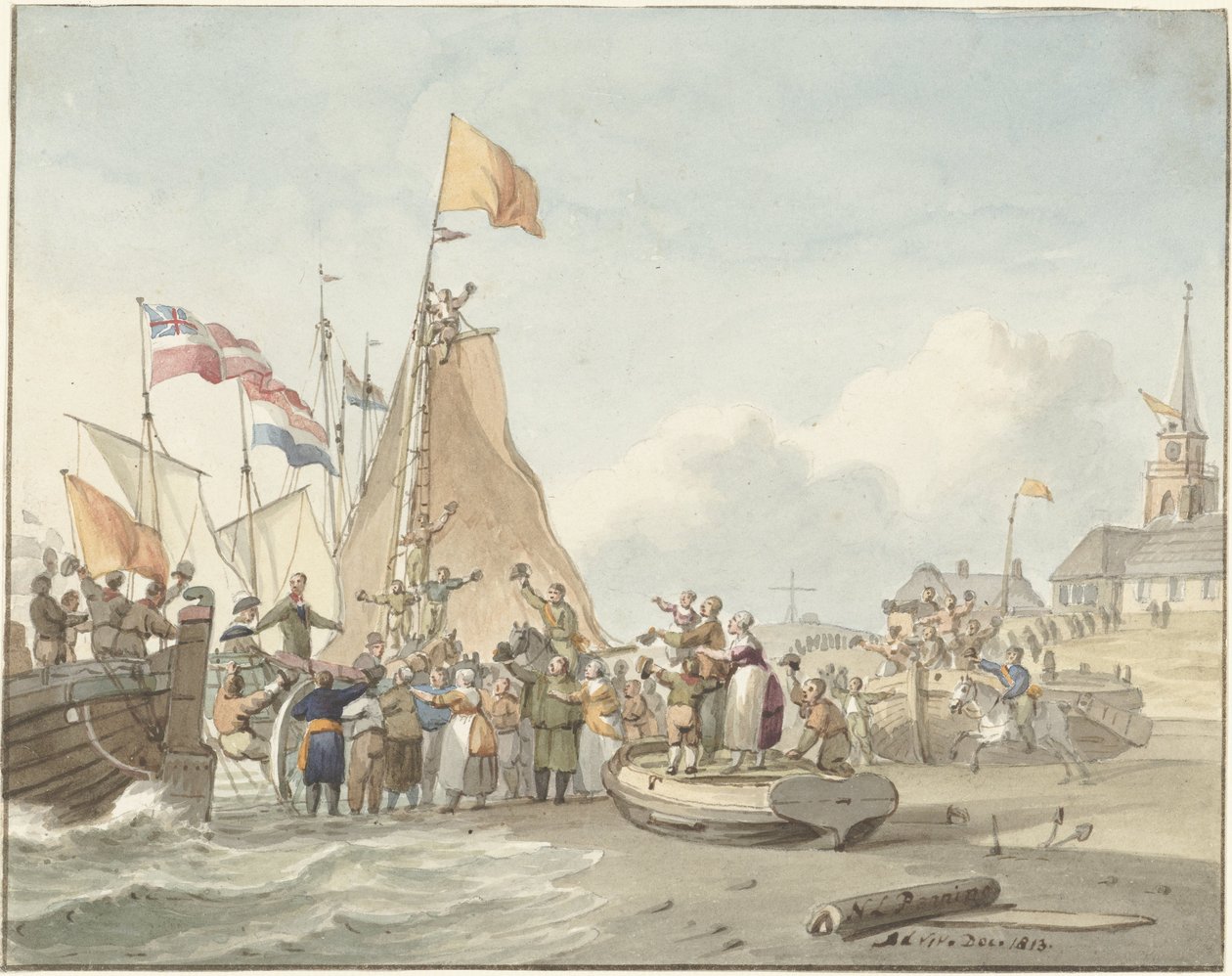 Prins Willem Frederiks ankomst til Scheveningen den 30. november 1813 af Nicolaes Lodewick Penning (signed by artist)