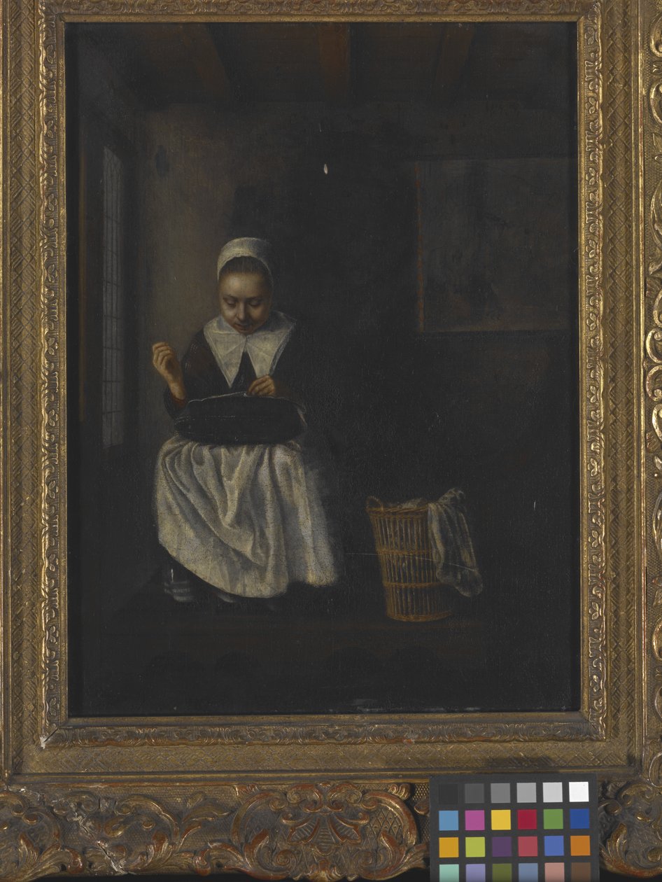 A Girl Sewing (olie på træ) af Nicolaes Maes