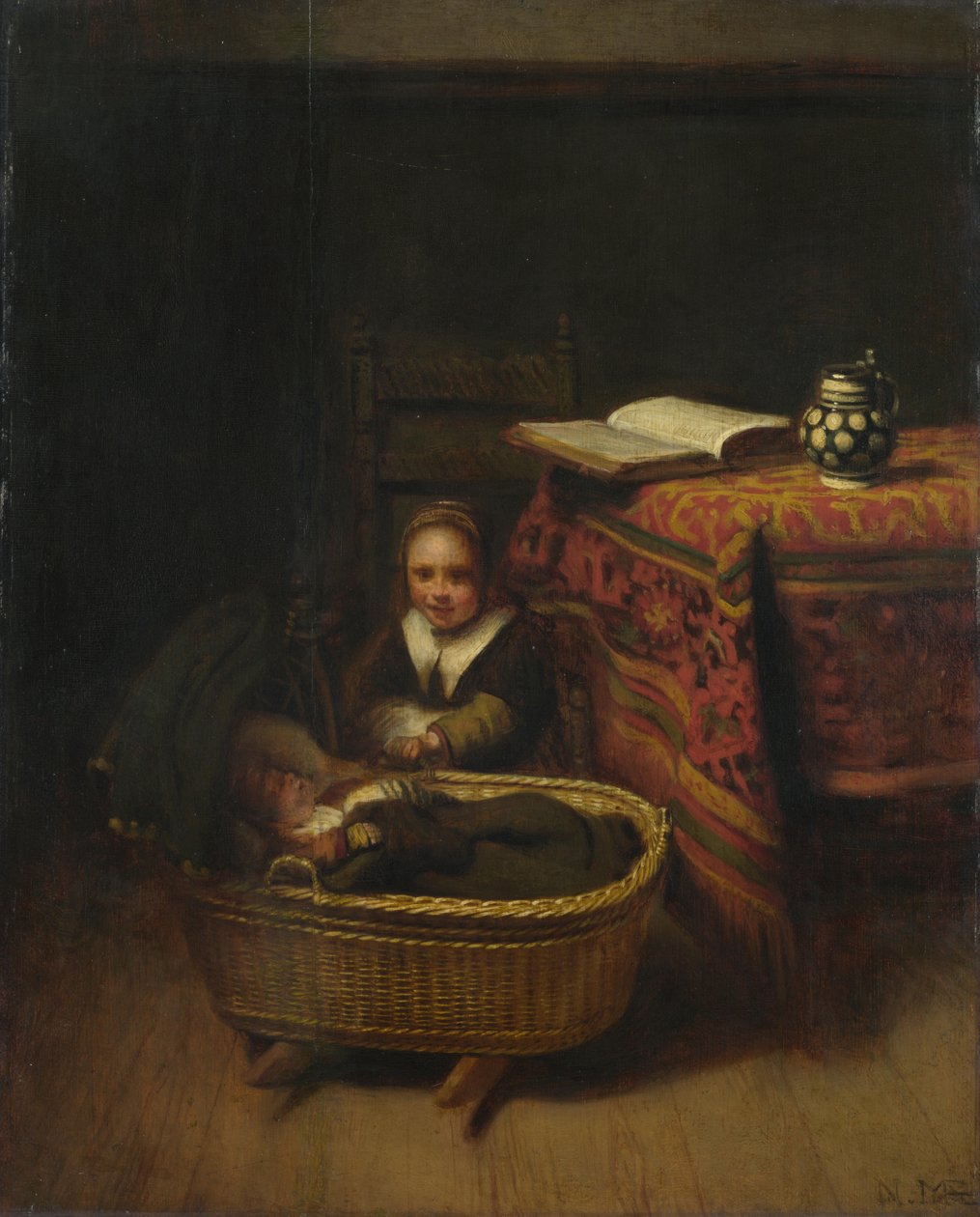 En lille pige, der vugger med en vugge, ca. 1655 af Nicolaes Maes