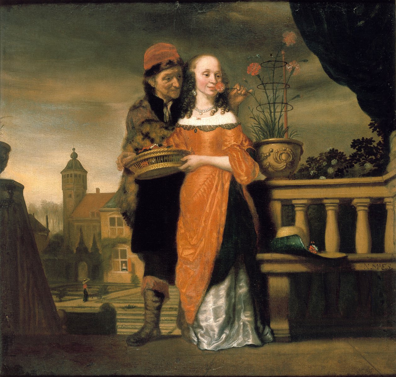 En mand, der holder en nellike for en kvindes næse: En allegori om lugtesansen, før 1660 af Nicolaes Maes