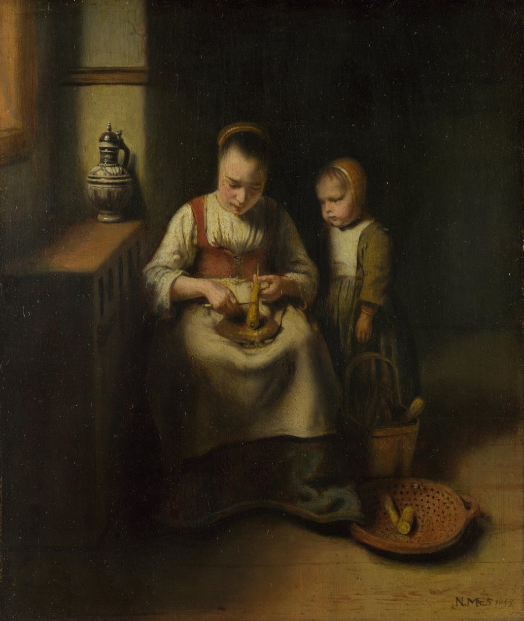En kvinde, der skraber pastinak, med et barn stående ved hende, 1655 af Nicolaes Maes