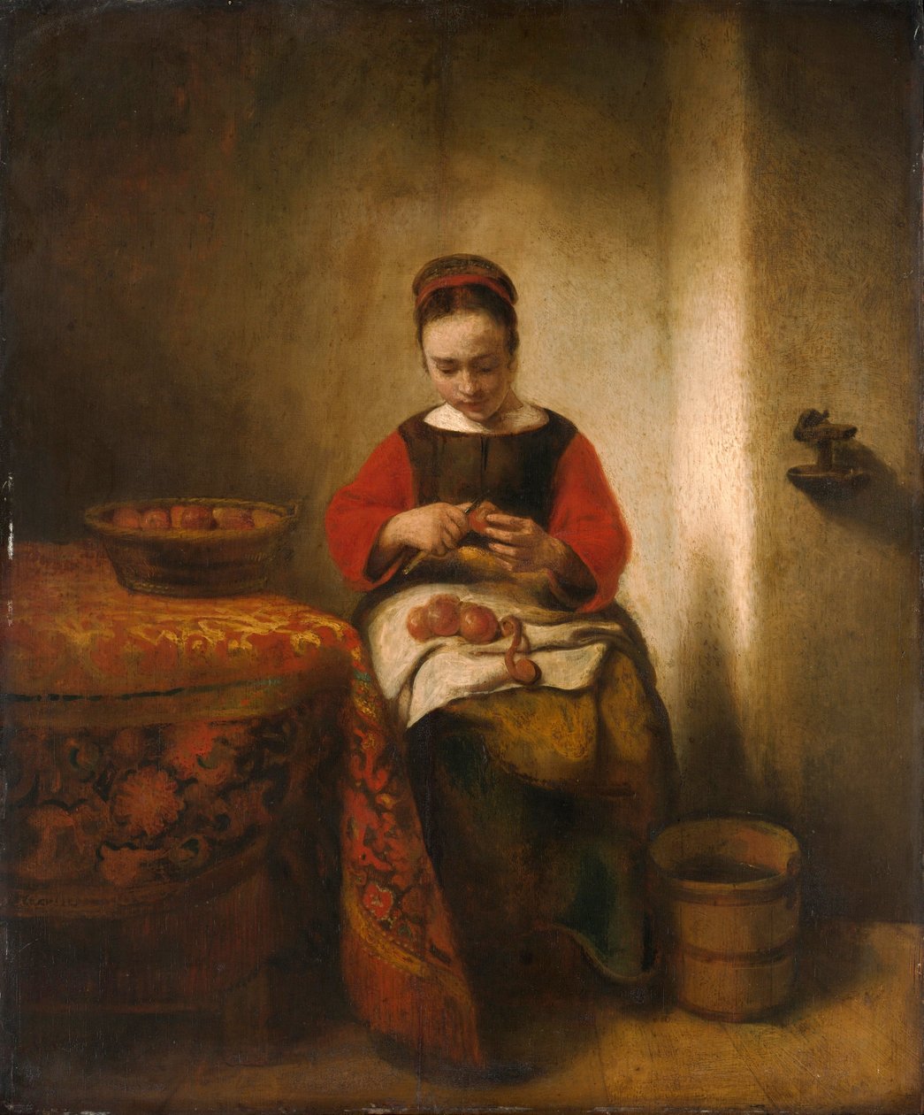 Æbleskræl, ca. 1655 (olie på træ) af Nicolaes Maes