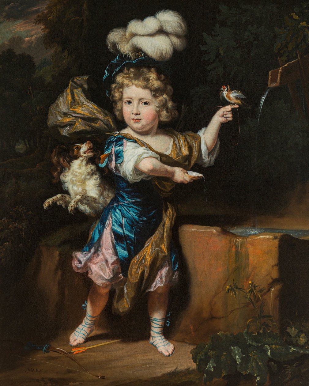 Hollandsk: Dreng med fugl og hund ved et springvand Dreng med fugl og hund ved et springvand af Nicolaes Maes