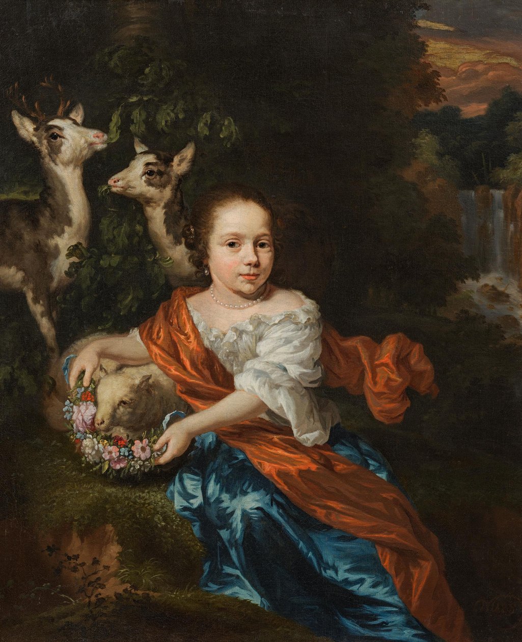 Hollandsk: Pige med lam og hjort Pige med lam og hjort af Nicolaes Maes
