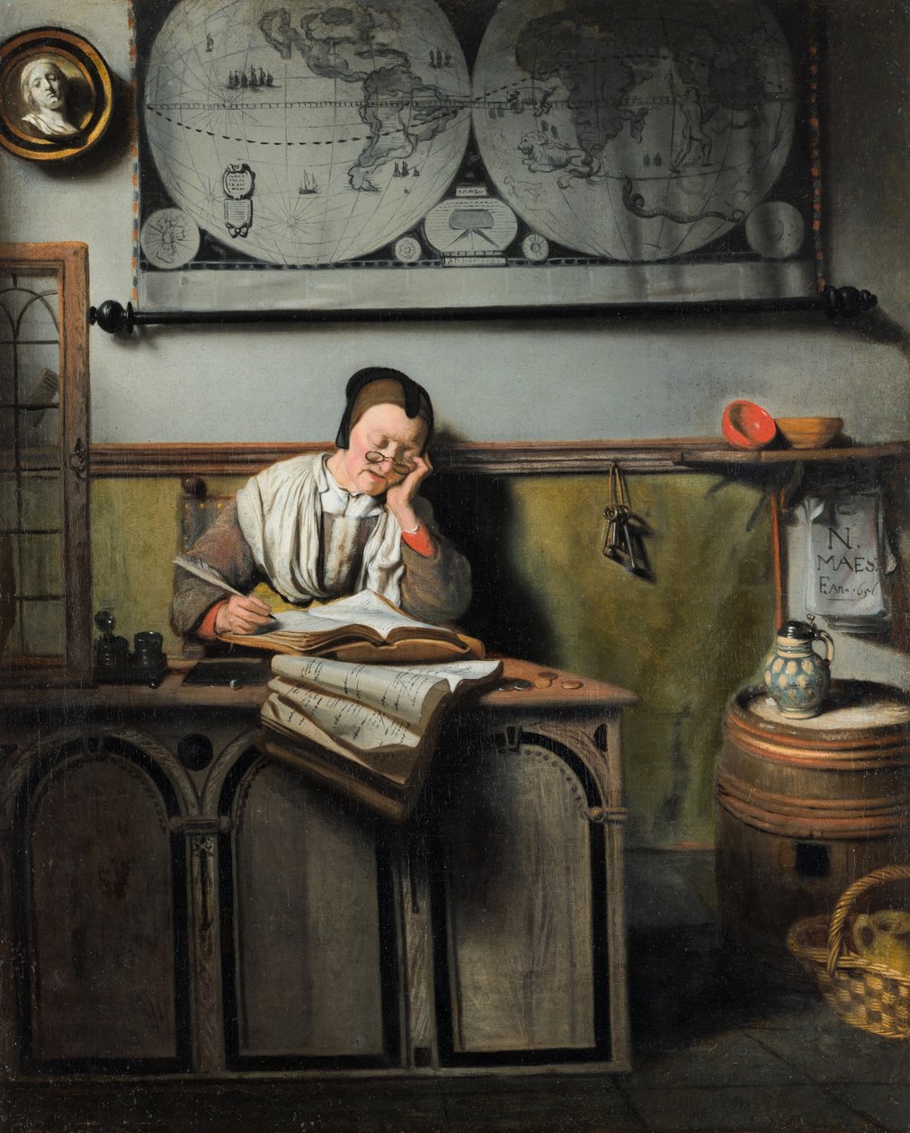 Hollandsk: Sovende kvinde med regnskaber The Account Keeper af Nicolaes Maes