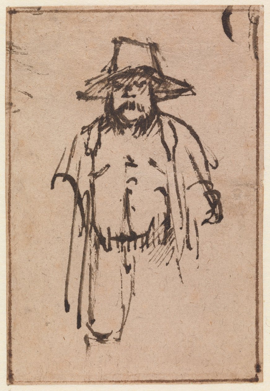 En stående mand med bredskygget hat af Nicolaes Maes