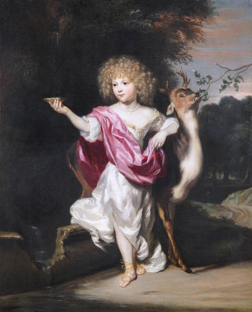 ""Portræt af en pige med en hjort"" (Portræt af en pige med en hjort) Maleri af Nicolaes Maes (1634-1693), - Olie på lærred Dim 58x49 cm Fondation Custodia af Nicolaes Maes