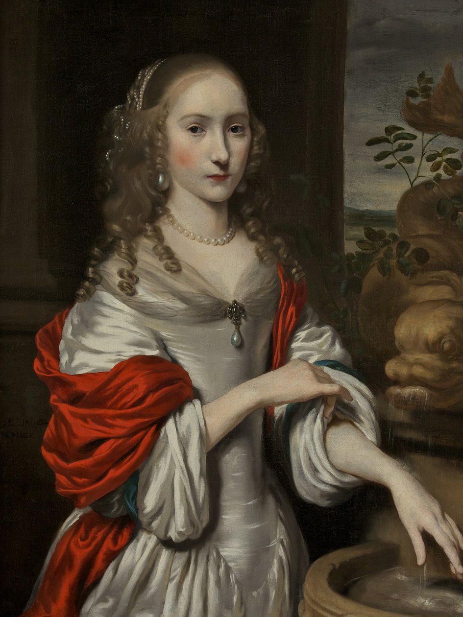 Portræt af en ung pige, stående nær et springvand af Nicolaes Maes