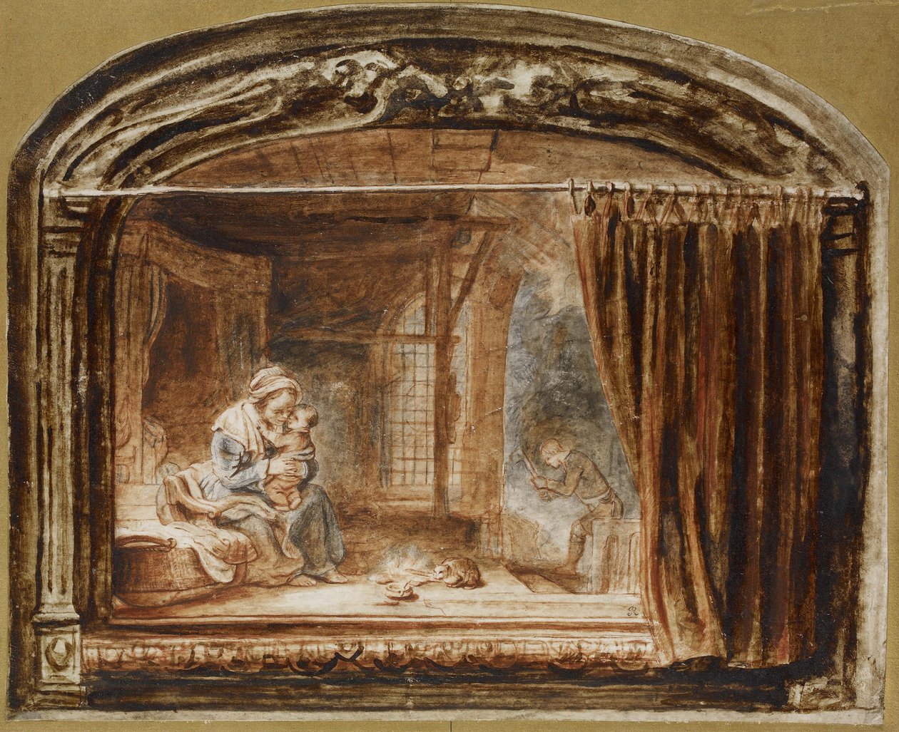 Den hellige familie med Josef, der skærer træ af Nicolaes Maes