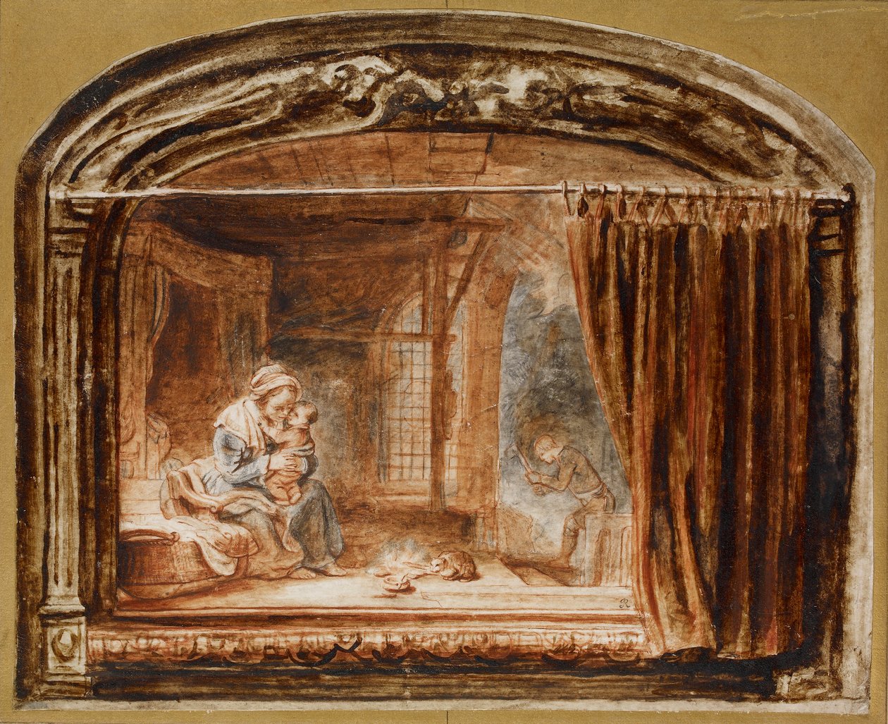 Den hellige familie med Joseph, der skærer træ, midten af det 17. århundrede af Nicolaes Maes