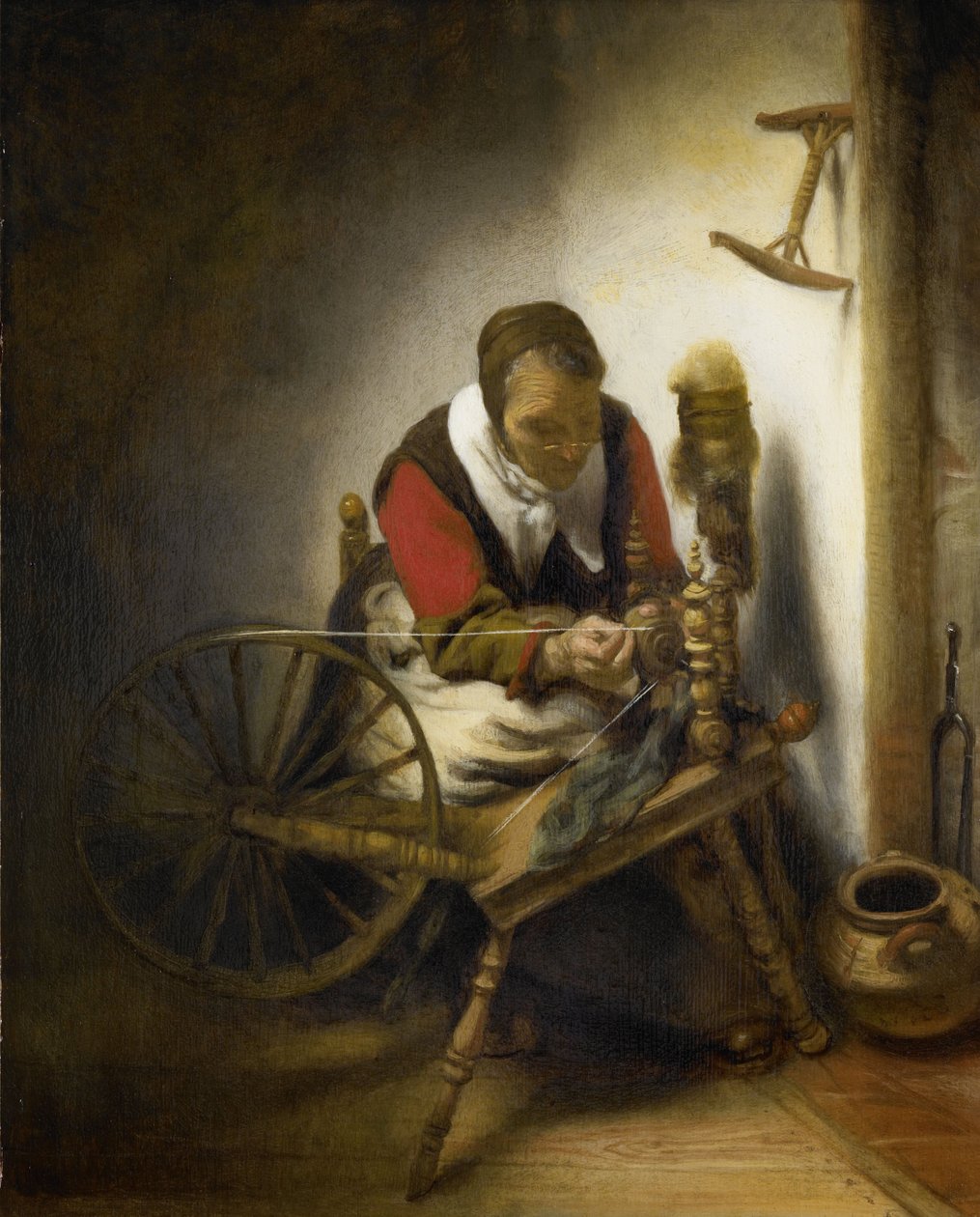 Spinneren, en niddy-nuddy hængende på væggen af Nicolaes Maes
