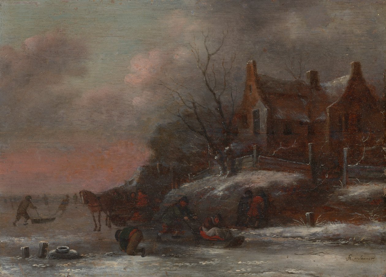 Et vinterlandskab med figurer, der kælker på en frossen flod af Nicolaes Molenaer
