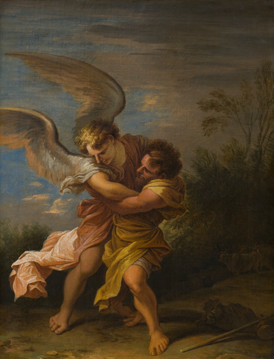 Jakob kæmper med englen, ca. 1640-83 (olie på lærred) af Nicolaes Pietersz (attr.to) Berchem