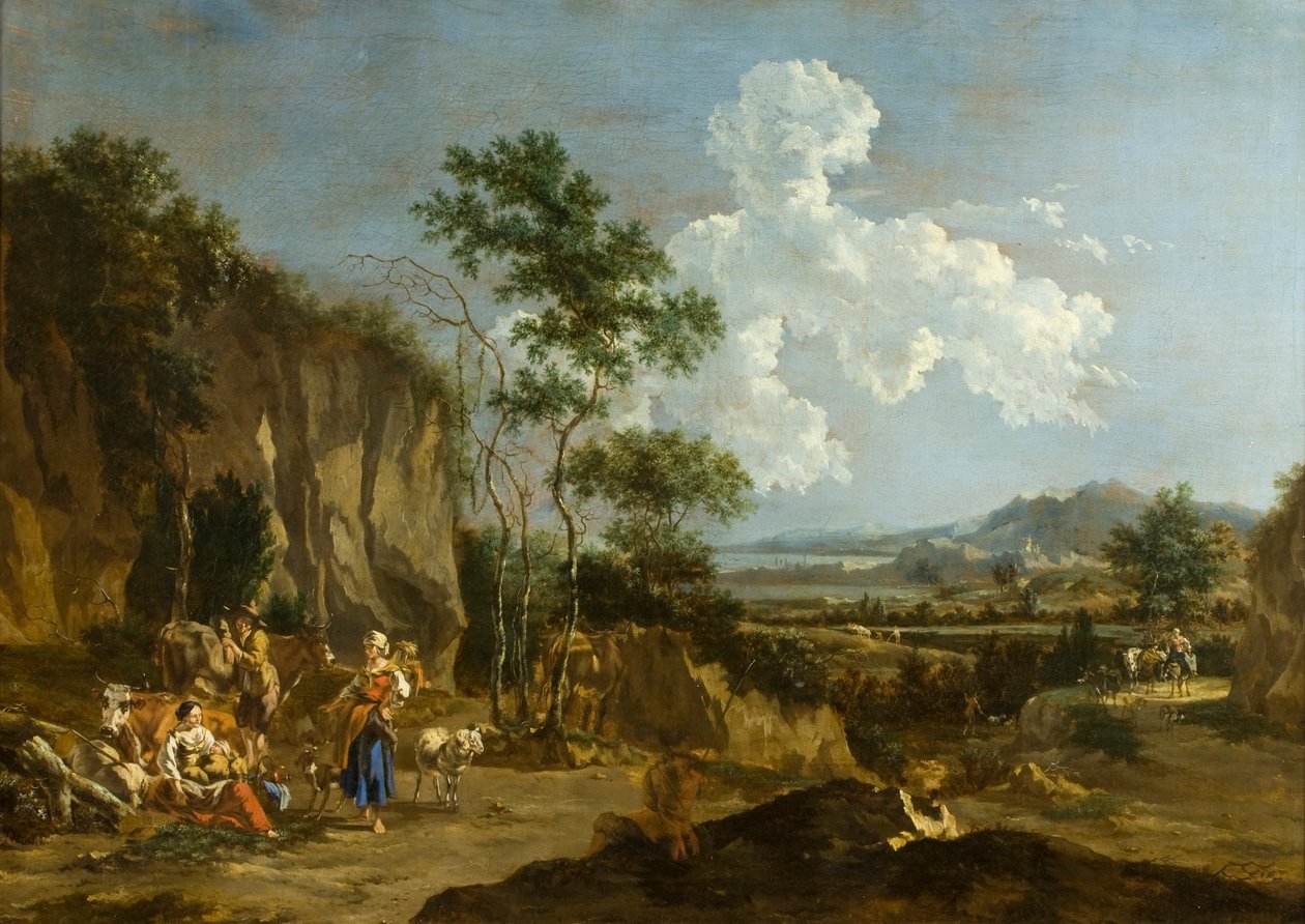 Italiensk landskab (eller arbejder frokost) af Nicolaes Pietersz (follower of) Berchem