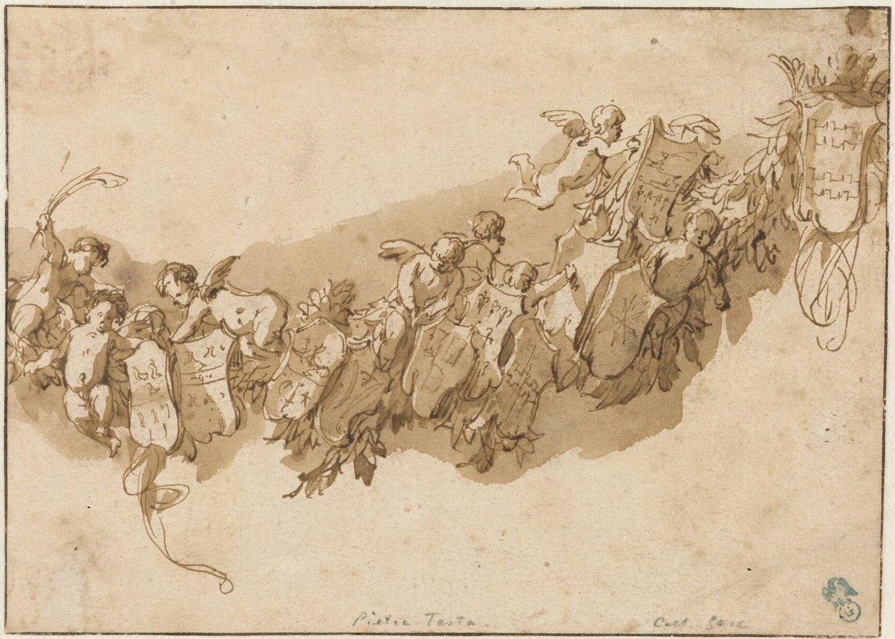 Heraldisk krans omgivet af engle af Nicolaes Pietersz Berchem (possibly)