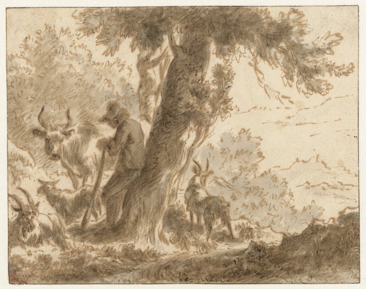 Hyrde og hans kvæg ved et træ af Nicolaes Pietersz Berchem (possibly)