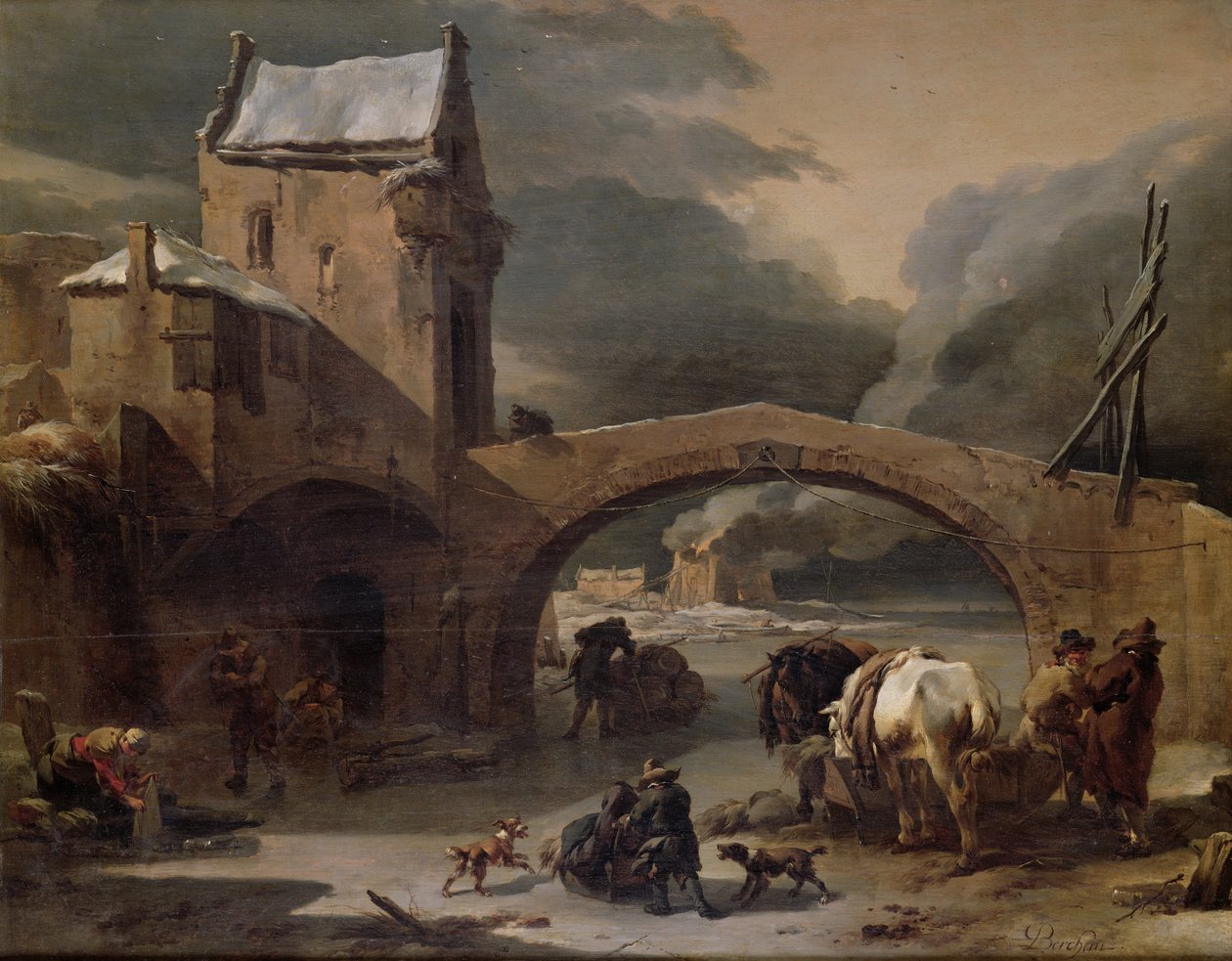 Et vinterlandskab med bønder og heste på en frossen kanal ved en befæstet bro, ca. 1660-70 (olie på panel) af Nicolaes Pietersz. Berchem