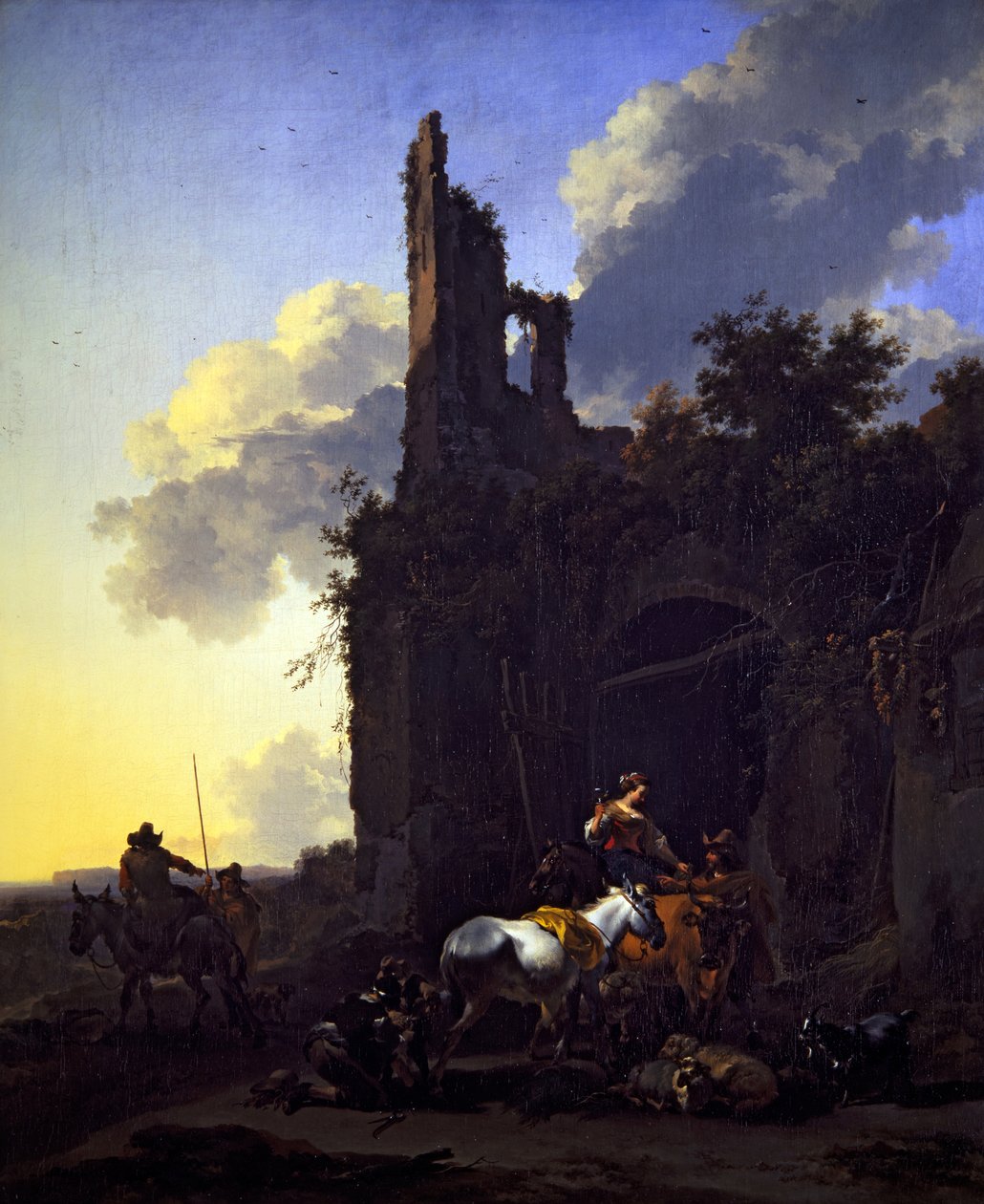Et italiensk landskab med bønder uden for en kro af Nicolaes Pietersz. Berchem