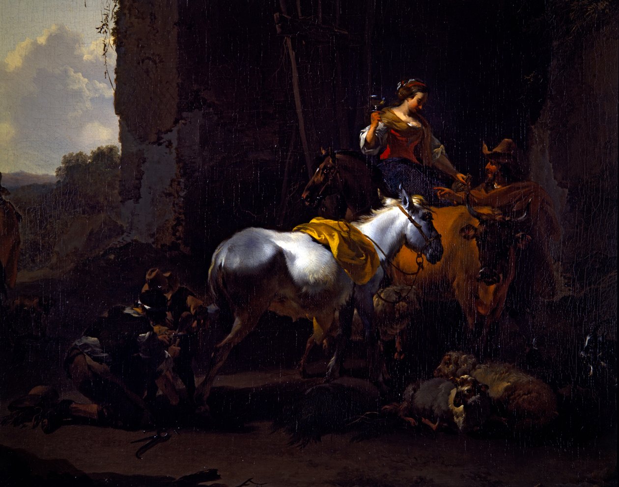Et italiensk landskab med bønder uden for en kro af Nicolaes Pietersz. Berchem