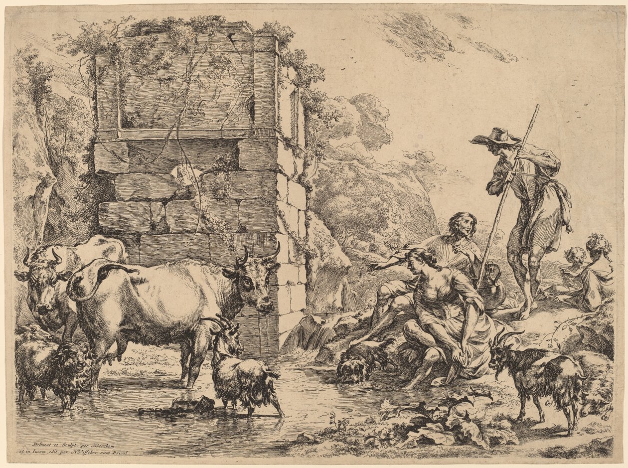 Ko drikker af Nicolaes Pietersz Berchem