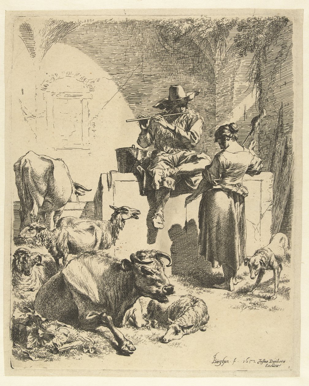 Fløjtespillende hyrde og spinner af Nicolaes Pietersz Berchem