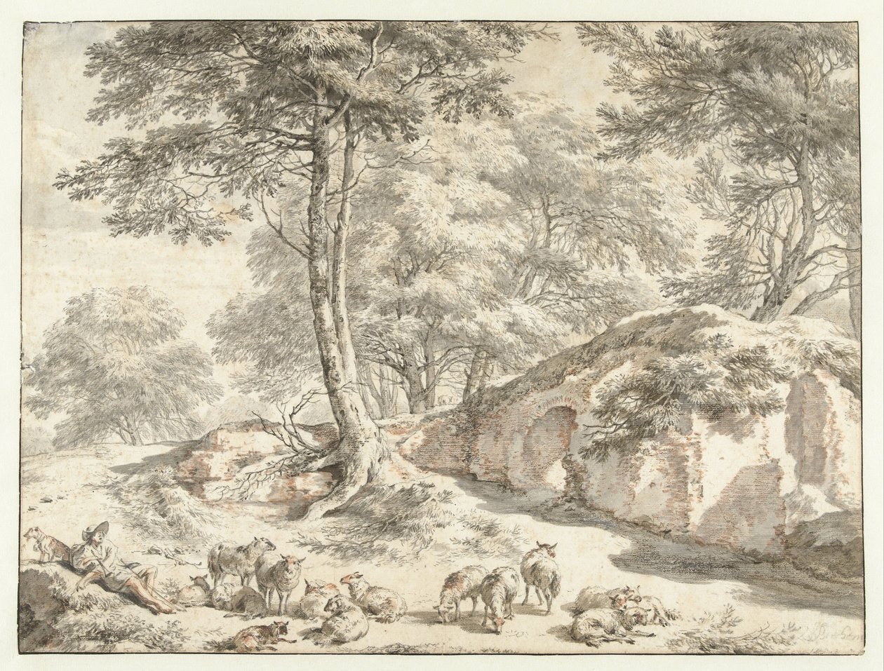 Hyrde med får ved en ruin mellem træer af Nicolaes Pietersz Berchem