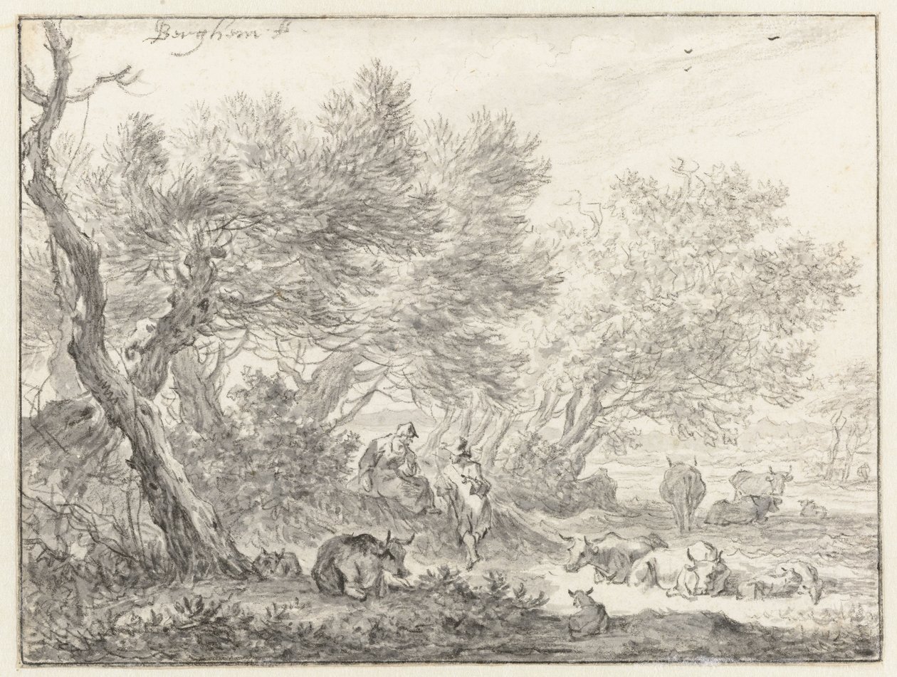 Hyrder og kvæg nær en gruppe træer af Nicolaes Pietersz Berchem