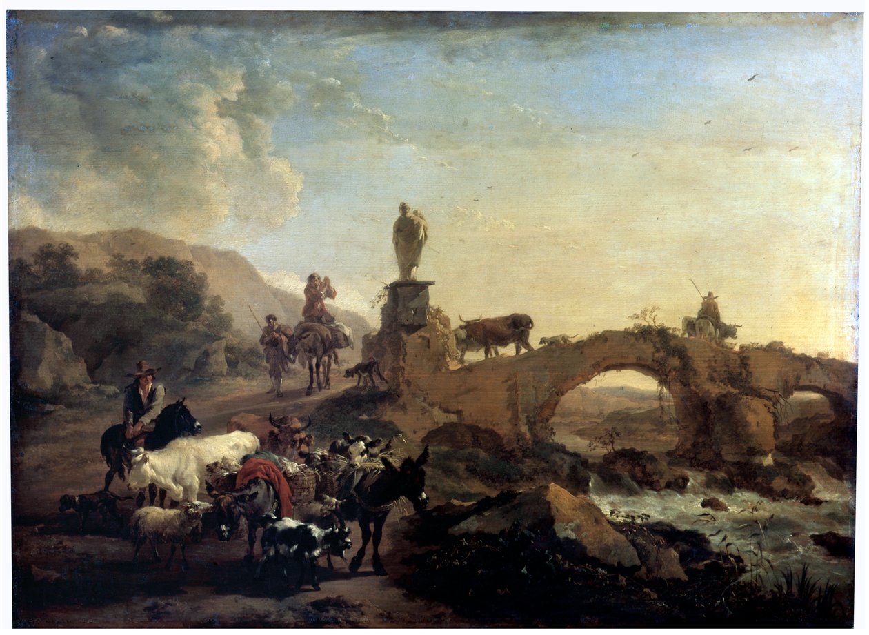 Italiensk landskab med en lille bro, 1656 af Nicolaes Pietersz. Berchem