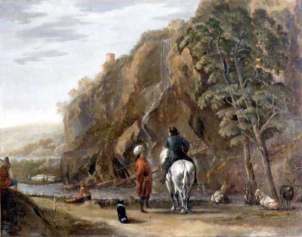 Italiensk landskab med figurer og en hest på en vej af Nicolaes Pietersz. Berchem